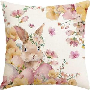 Easter Bunny Throw Pillow Covers 20x20 Inch, Egg Rabbit Floral Spring Cushion Case, Farmhouse Easter Indoor Outdoor Decor for Sofa Couch (Pink)