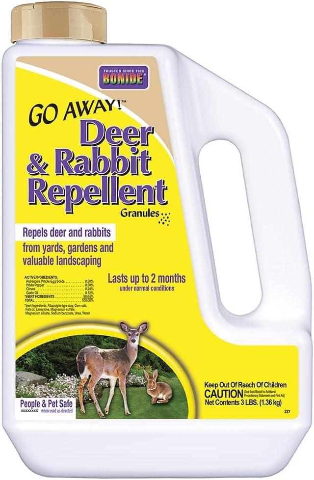 Bonide Go Away! Deer & Rabbit Repellent Granules, 3 lb. Ready-to-Use, Deter Deer from Garden, Flowers & Plants (48 Ounce (Pack of 1))