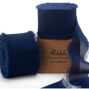 Ribbli Navy Chiffon Ribbon 1-1/2 inch x 20 Yard Handmade Fringe Chiffon Silk Ribbon,Navy Ribbon for Wrapping, Wedding Invitations, Bridal Bouquets, Home Decor
