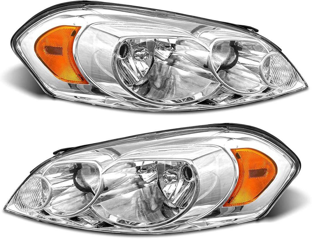 for 2006 2007 2008 2009 2010 2011 2012 2013 Chevy Impala Headlight Assembly compatible with 14-16 Impala Limited / 06-07 Monte Carlo Chrome Housing Amber Reflector Replacement Pair (A-Chrome Housing Amber Reflector Clear Lens)