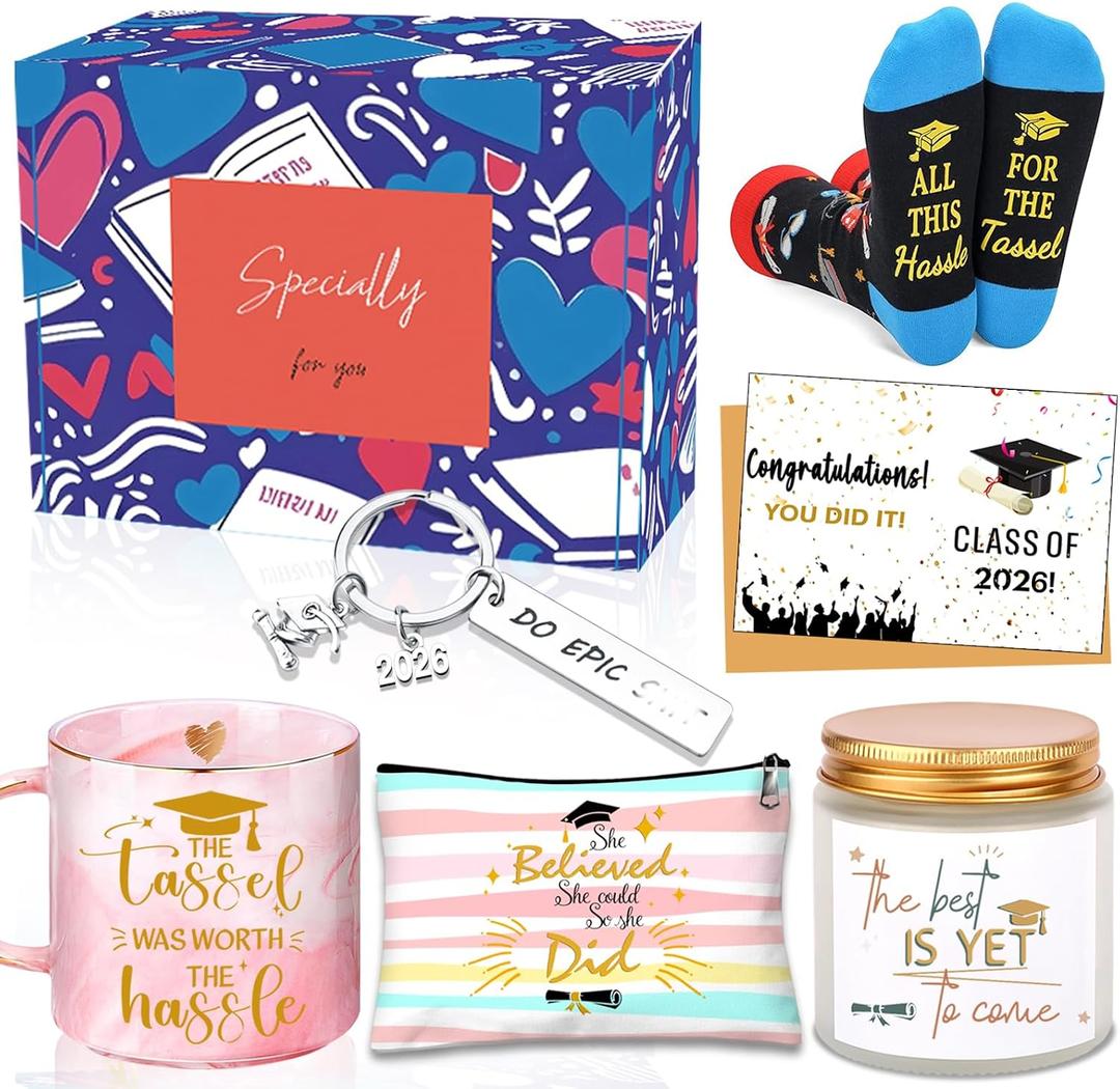Graduation Gifts, Class of 2026 Grad Gift s College Graduation Gifts for Women The Tassel was Worth The Hassle Graduation Gift Basket-Graduation Coffee Mug Candles Keychain Socks Set