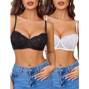 Avidlove Women's Sexy Lace Bra Sheer Balconette Underwire Unlined Everyday Bras Lingerie (White, L)