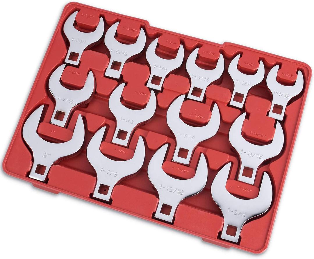 EFFICERE 14-Piece Premium 1/2" Drive Jumbo Crowfoot Wrench Set, Chrome Vanadium Steel, Includes Standard SAE Sizes from 1-1/16" to 2" with Storage Tray