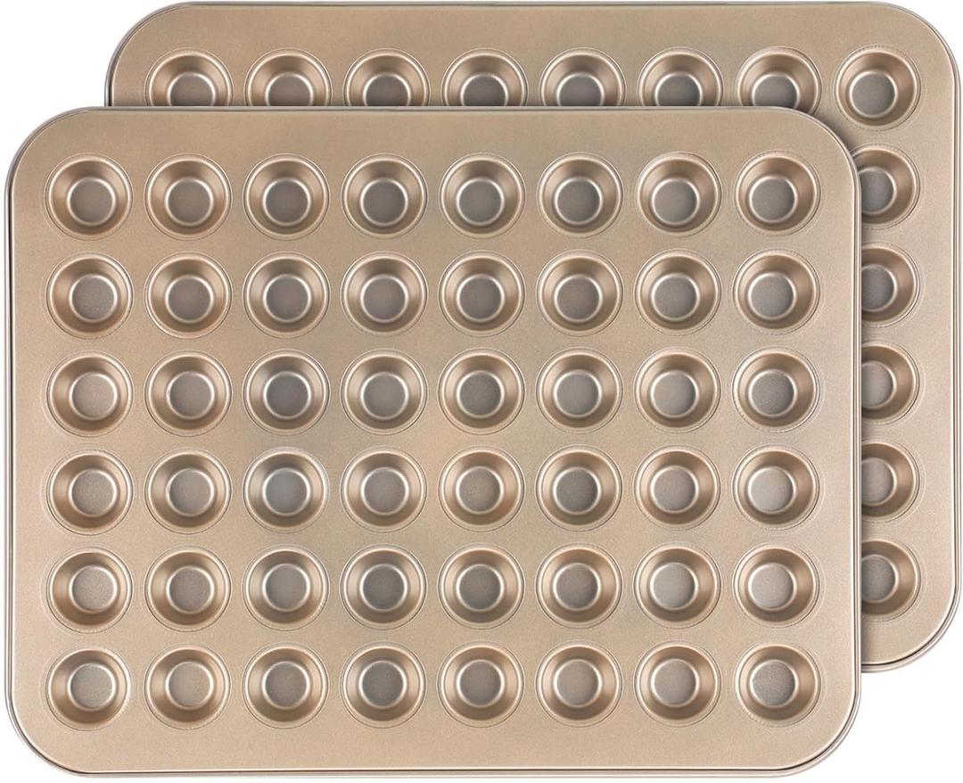 Tioncy 2 Pcs 48 Cup Mini Muffin Pan 15.94 x 12.6 x 0.79 Inches Nonstick Small Cupcake Pan Steel Mini Muffin Tin for Baking Cheesecake Tailgate Party supplies, Dishwasher Safe (Gold)