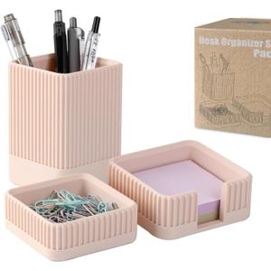 Aesthetic Desk Organizers and Accessories Set of 3 with Pen Holder,Paperclip Holder,Sticky Note Holder - Durable Plastic Pencil Holder for Office Women Men-Teacher Appreciation/Back-to-school Gift (Apricot)