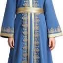 OBEEII Girls Muslim Ramadan Abaya Kids Long Sleeve V Neck Lace Prayer Dress Middle East Arabic Kaftan Dress with Belt, 10-11Y