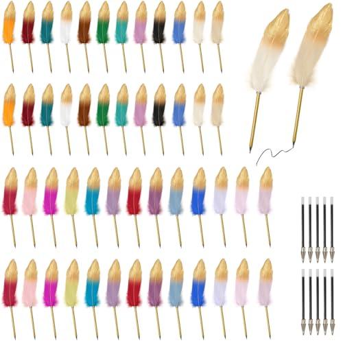 TANEMUDO 50 Pcs Feather Quill Ballpoint Pens Bulk 0.7 mm Feathered Pens Refined Plated Rod Pen Multicolor Ballpoint Pens Vintage Feather Pens for Home School office Birthday Christmas Party Supplies
