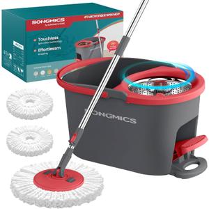 SONGMICS Spin Mop and Bucket Set with Pedal Wringer, Floor Cleaning Mop, Adjustable Telescopic Handle, Max. 59.1-Inch Length, 360 Rotating Head, 2 Microfiber Pads, Gray and Red ULMB002GT02