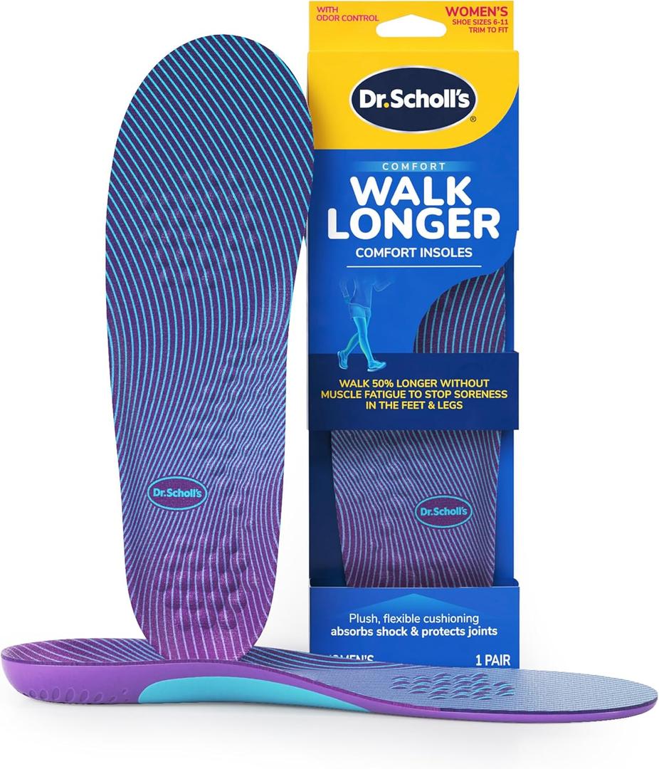 Dr. Scholl's Walk Longer Insoles - Comfortable Plush Foam Cushioning Inserts for Walking, Hiking, and Standing on Feet All-Day with Arch Support - Walk 50% Longer Without Muscle Fatigue, 1 Pair