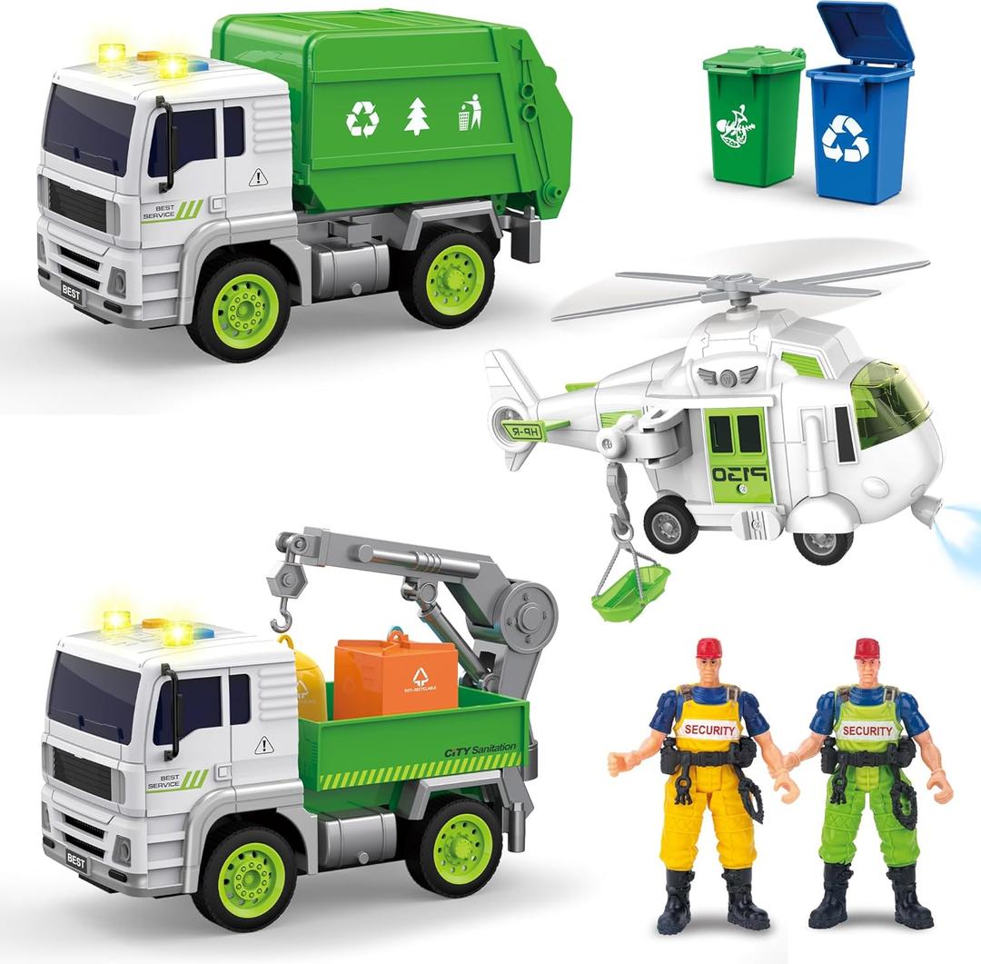 5 Pack Garbage Truck Toys Sets for Kids -Friction Powered Garbage Truck, Trash Trucks, Sanitation Helicopter, 2 Workers, Light&Sound Cars Set Gifts for Toddler Boys Girls 3-9 Year Old