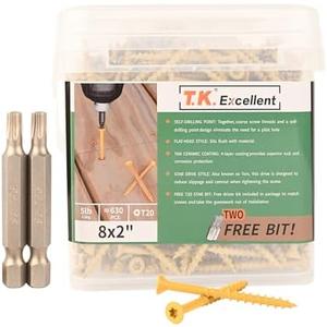 T.K.Excellent Deck Screws 2 Inch Wood Screws #8 x 2, 630 Pcs, Rust Resistant Structural Screw Fence Screw Torx Drive Screws, Two T20 Bits, Brilliant Yellow Ruspert Coating Rust Proof, 5lb Box