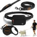Retractable Hands Free Dog Leash with Zipper Storage Pouch - 3-Piece Bungee Running, Walking & Hiking Leash with Waist Belt - Release Clip, One Button Lock - Reflective Stitching for Medium Large Dogs