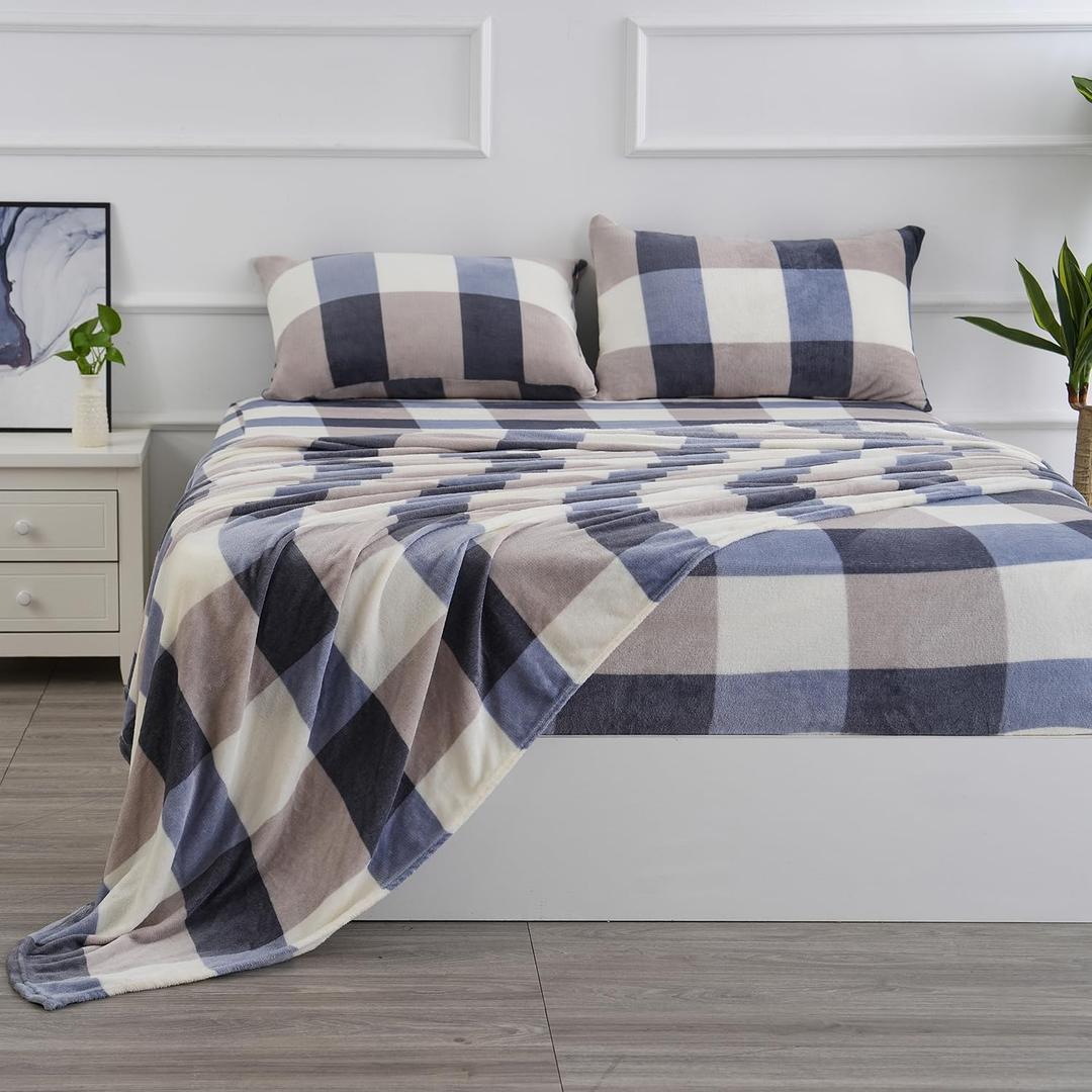 Best Season Ultra Soft Micro Fleece Twin Size Sheets Set 3 Piece - Extra Soft Velvet Fleece Bed Sheet Set | Cozy Warm, Anti-Static, Non Pilling Fuzzy Velvet - Plaid - Blue/White (Multicolor)