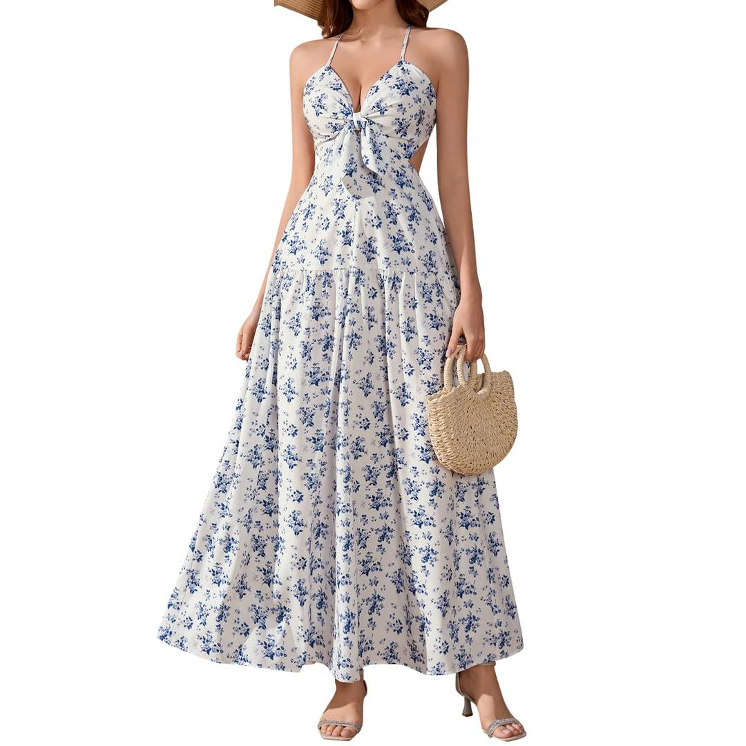 VKIHOC Women's Floral Bow Tie Cut Out A Line Beach Boho Summer Maxi Dress (S)