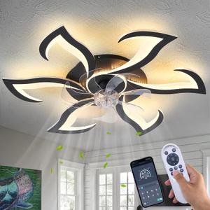 Dalouguan 32" Black Modern Ceiling Fan with Lights Remote Control, 6 Speeds 3 Light Color Low Profile Flush Mount Ceiling Fan with Light for Kitchen Bedroom