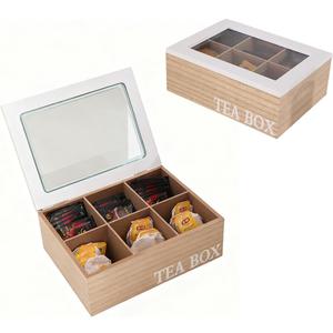 Vintage Burlywood Wooden Tea Organizer Box with White Glass Lid, 6 Compartments Tea Bag Organizer, 9 Inches Storage Organizer, Tea Storage Chest, Kitchen Storage Chest Box (Large)