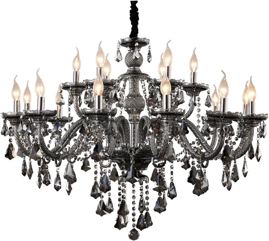 Uboxin Modern Luxury K9 Crystal Chandelier 18 Light Large Smoky Gray Crystal Chandelier Lighting 39.5" E12 Crystal Pendant Light Fixtures for Living Room, Stair,Store (Double Layer 12+6 Lights)