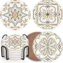 Coaster for Drinks Set of 6, Ceramic Gray Moroccan Talavera Absorbent Round Ceramic Stone Mat, with Cork Base and Metal Holder, Gift for Housewarming Room Bar Decor (Tiles)