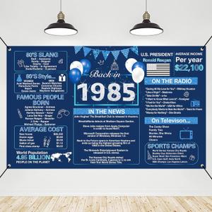 Crenics 40th Birthday Decorations for 1985, Blue and Silver Back in 1985 Birthday Banner Backdrop 5.9 x 3.6 Ft, 40 Years Old Birthday Party Supplies for Men or Women