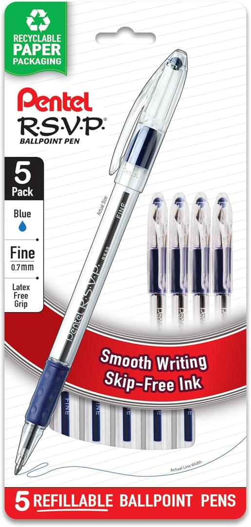 Pentel RSVP Ballpoint Pen, Fine Line, (0.7mm), Blue Ink (BK90BP5C) (Pack of 1, 5 Count Total)
