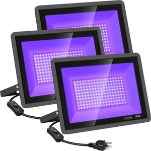 YANYCN 3 Pack 150W LED Black Lights, Blacklight Flood Light Outdoor with Plug and Switch, IP66 Waterproof for Dance Party, Glow in The Dark, Halloween Lights, Body Paint, Fluorescent Poster