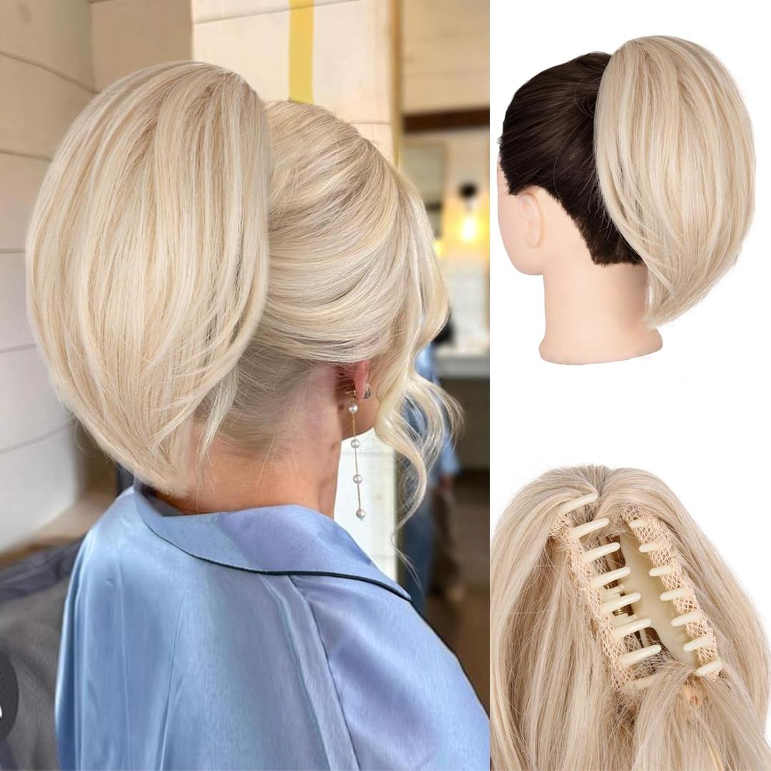 10 Inch Short Ponytail Extension - Clip in Ponytail Hair Extensions, Straight Pony Tails Hair Extensions, Synthetic Claw Clip Ponytail Extension for Women (Color: Light Blonde)