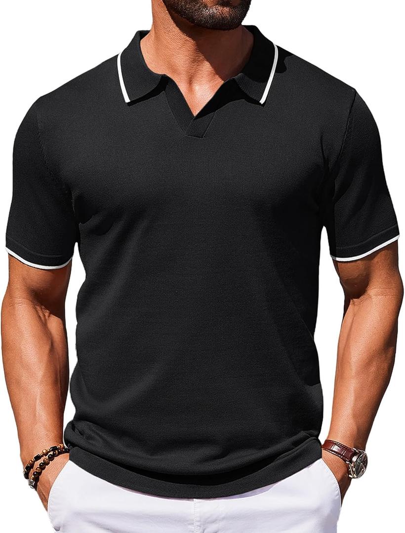 COOFANDY Mens Polo Shirts Short Sleeve Casual Knit Polo Shirt Vintage Golf T Shirts Old Money Tops (Black)