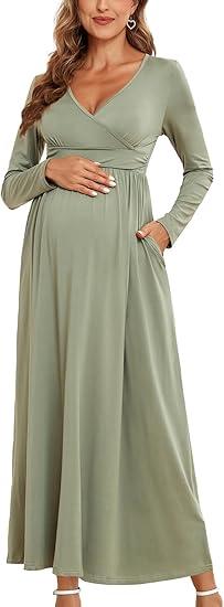 AISWI 2025 Women's Maternity Maxi Dress Long Sleeve Wrap V Neck Pregnancy Dresses with Pockets and Shorts Baby Shower Photoshoot Formal, Small