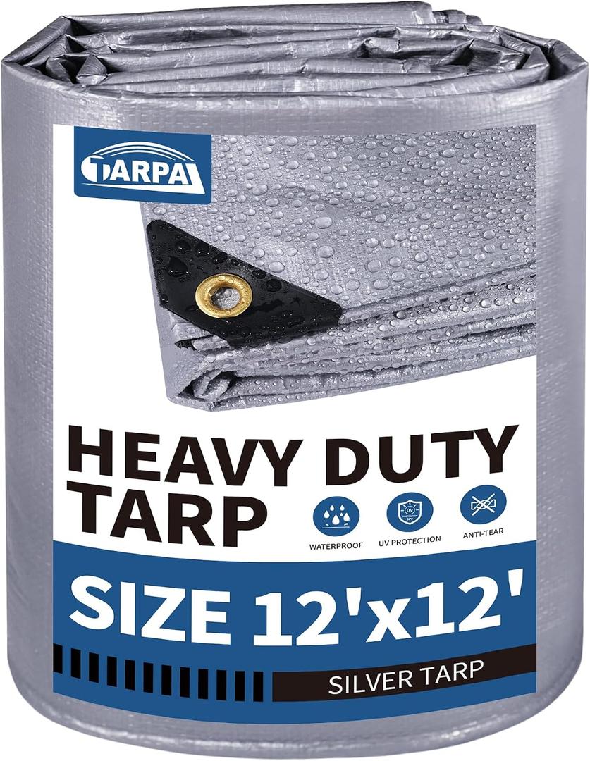 TARPAL 12x12 tarp,Heavy Duty Tarp 14mil Silver Reflective Tarps | Waterproof Tarps With Grommets and Reinforced Edges UV Protection,Tear Resistant for Firewood,RV,Boat,Roof,Car,Camping