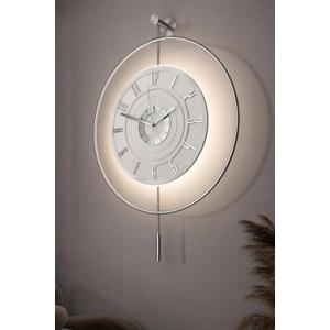 Large Luxury LED Backlit Wall Clock – Pendulum Roman Numeral Metal Ring, Silent Non-Ticking Decorative Clock for Living Room Bedroom Entryway, Modern Halo Glow (Crystal Silver)