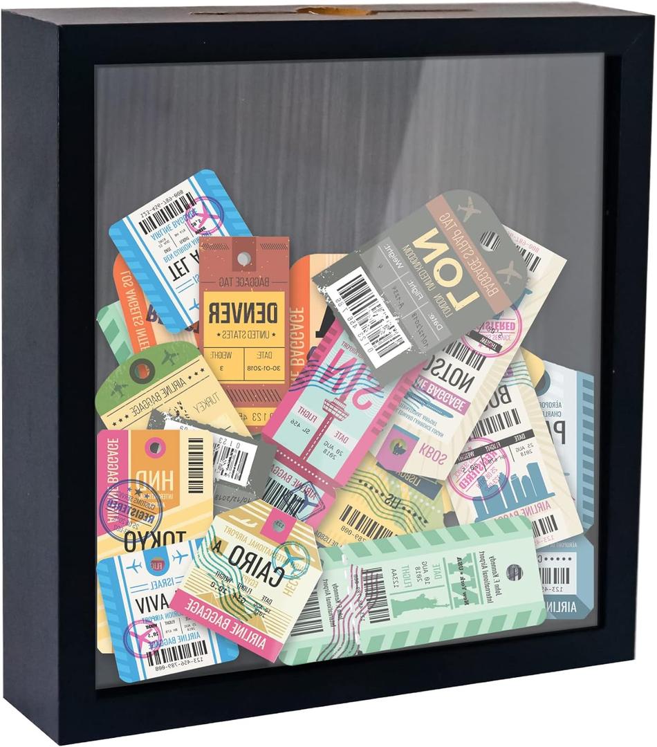 Small Shadow Box Black 8x8 Top Loading Display Case Frame with Slot, Movie Travel Sporting Events Concert Ticket Stubs Drink Beer Caps Memory Keepsake Box