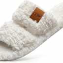OOW Womens Slippers Open Toe Fuzzy Slippers for Women Cute Memory Foam House Slippers with Non-Slip Sole (9, White)
