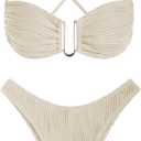 ZAFUL Women's Textured Underwire Bikini Set V Notch High Cut Swimwear Tie Side Ribbed Sexy Swimsuits (450-beige)