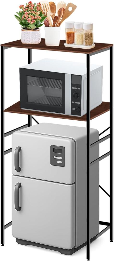 Adjustable Microwave Stand for Mini Fridge - Over Refrigerator Shelf Organizer with Storage Rack, Height Adjustable Space Saver for Dorm, Kitchen, Office Use, Brown