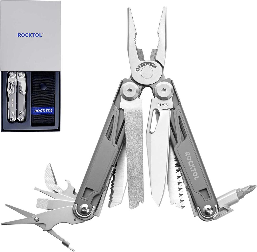 ROCKTOL Multitool SK02, VG-10 Knife,19-in-1 Multi-tool Pliers with Titanium-plated Handle,Compact & Lightweight EDC Multi Tool with Nylon Sheath for Men,Outdoor Survival,Hiking,Camping