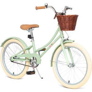 Bixike Retro Design Girls Bike with Basket and Coaster Brake for 3-13 Years Old Kids, 14 16 18 Inch Cruiser Bicycle for Toddlers with Training Wheels, 20 24 26 Inch with Kickstand, Multiple Colors (Green)