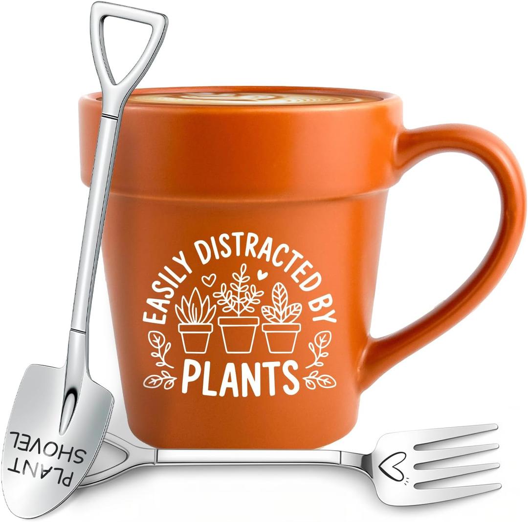 Easily Distracted By Plants Mug, Funny Gardening Gift with Shovel Spoon & Fork, Plant Lover Coffee Cup for Women, Mom, Grandma, Unique Teacher Appreciation and Birthday Gift