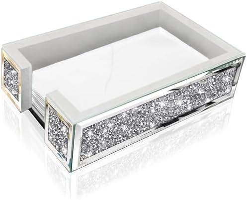 Wocred Mirror Guest Towel Napkin Holder, Crystal Crushed Diamond Dinner Napkin Holder for Dining Table, Rectangle Guest Disposable Towels Tray for Bathroom .(9.4”X5.7”X2.6”)