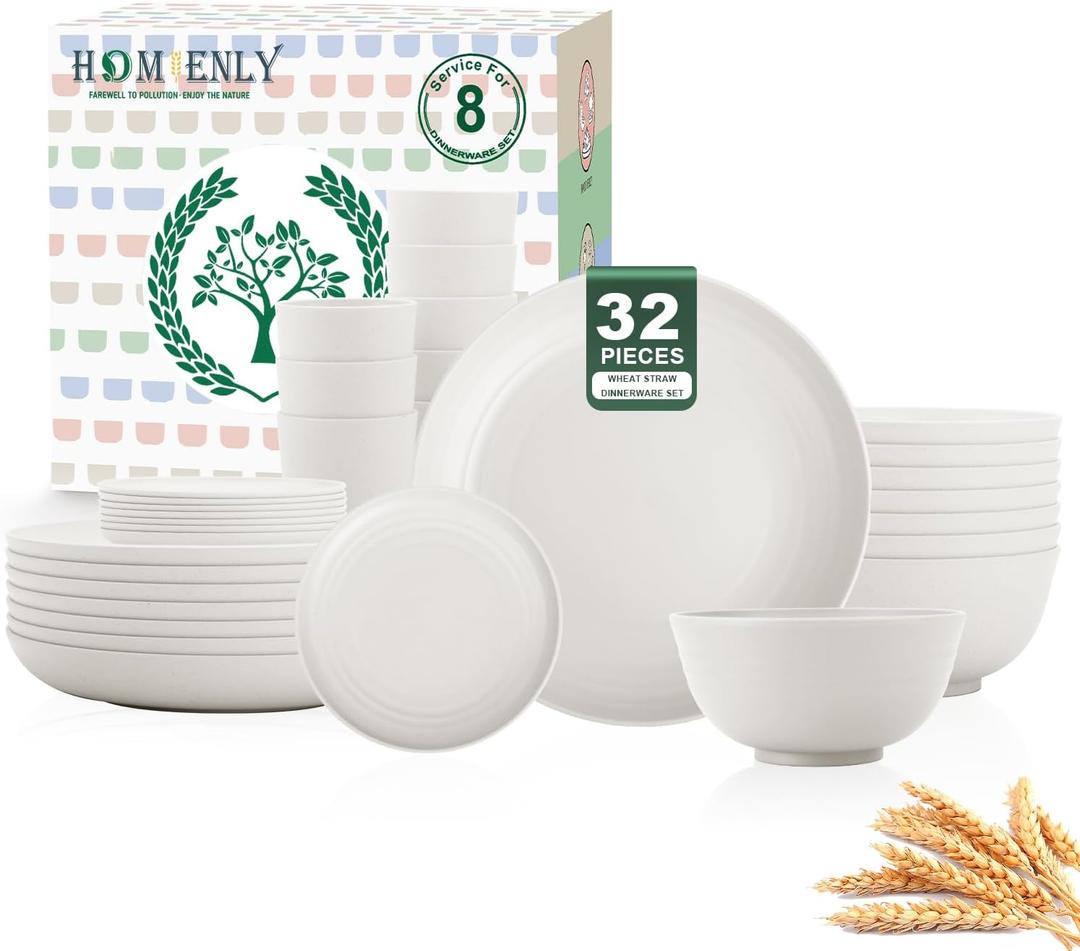 Homienly KItchen Wheat Straw Dinnerware Set, Alternative to Plastic Plates and Bowls Sets, Unbreakable Lightweight Dishes Set for 8 - Plate Set, Soup Bowls, Drinking Glasses for KItchen, Party - White (32-Piece)