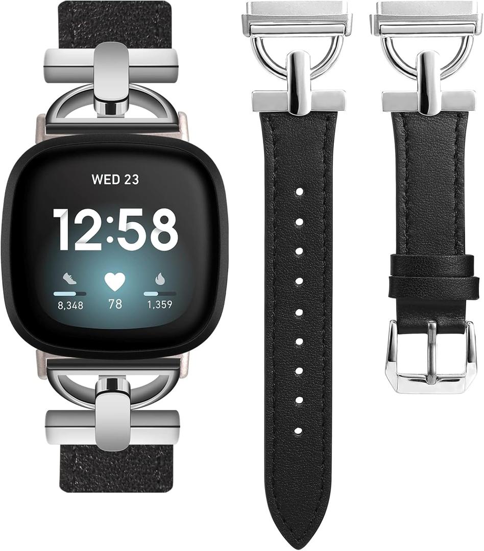 Wearlizer Leather Band Compatible with Fitbit Versa 3/4 Sense 2 Bands, Dressy Leather Strap with D-Shape Metal Buckle for Women's Smartwatch