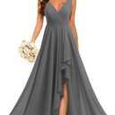 Loyeloy Gray Double V Neck Bridesmaid Dresses with Slit Long Ruffles Chiffon Bridesmaid Dresses with Pocket for Women Evening Party 16, Size:L