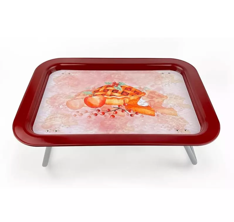 Metal Tray with Foldable Legs, TV Lap Bed Tray 17x12 inches, Modern Design Metal Serving Tray Tables for Kids, Bread Pattern, Brownish Red
