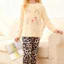 Funnycokid Girls Fleece Pajamas Set Kids Soft Flannel Pjs Pullover Top Pants Loungewear Beige Cheetah, 9-10 Years