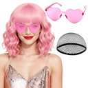 PLULON Pink Wavy Bob Wigs with Bangs Heart Sunglasses Hair Cap for Women, Colored Synthetic Hair Short Bob Loose Curly Shoulder Length Wigs for Costume Bachelorette Party Music Festival