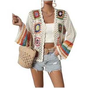 SHENHE Women's Floral Crochet Cardigan Hollow Out Open Front Long Sleeve Cardigan Sweater, Large