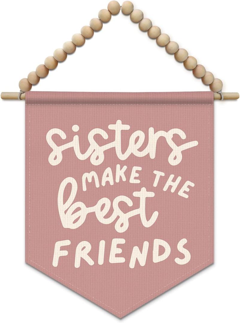 SJDFCSA Pink Girl Nursery Wall Art Decor, Girls Room Decor, Sisters Make the Best Friends Boho Nursery Wall Hanging Display Pennant Flag for Kids Baby Little Twins Girls Toddler Room Bedroom Playroom