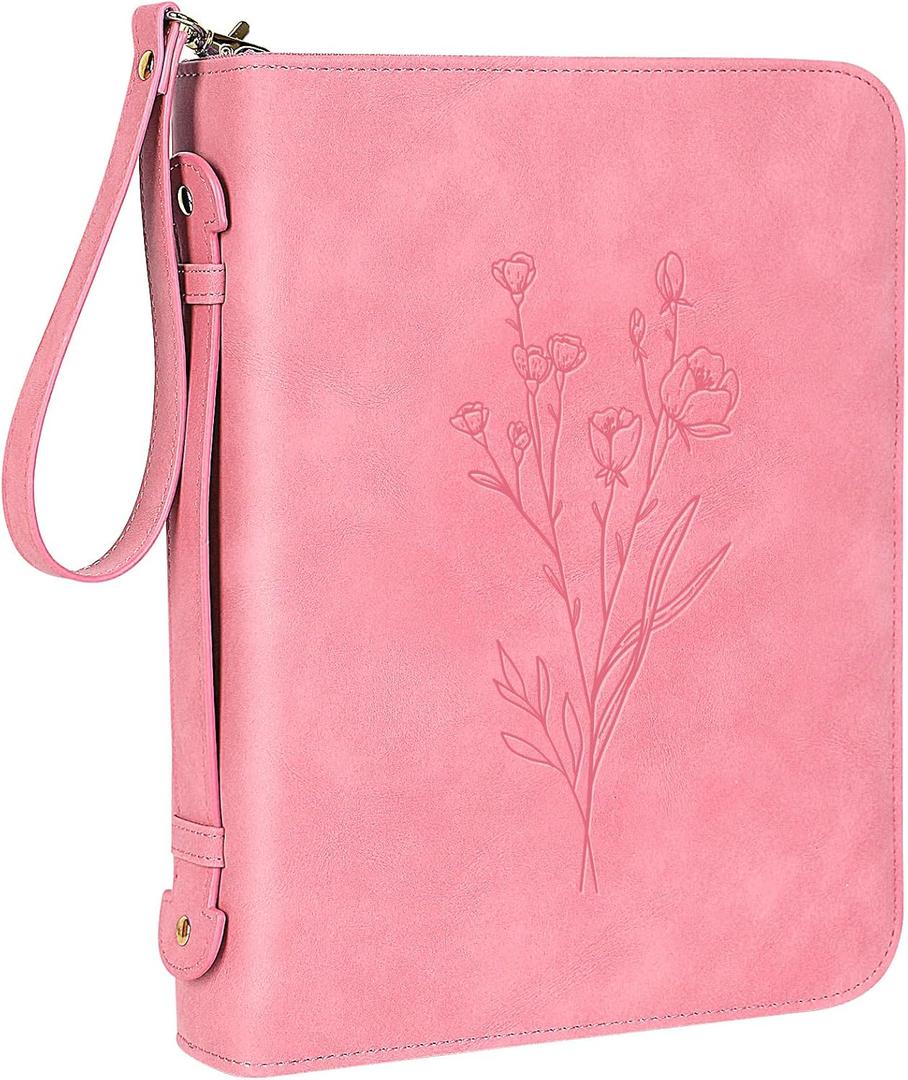 Large Bible Cover Case for Women, Leather Bible Case for Girl, Bible Bag with Handle, Detachable Wristlet Strap, Pink Bible Book Cover, Minimalist and Floral Design, 10.5 x 7.8 x 2.1 inch