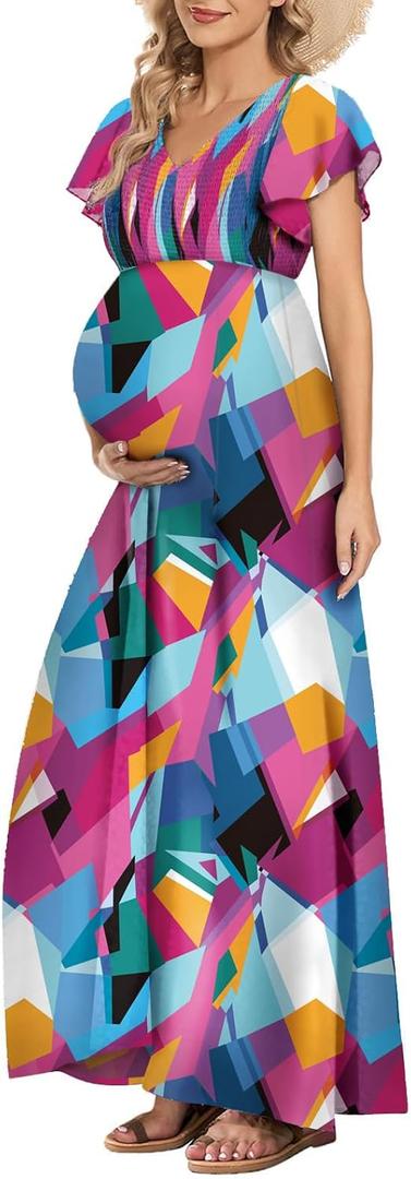 Floral Print V Neck Maternity Dress Boho Baby Shower Photoshoot Smocked Flutter Sleeve Split A Line Dress (XL)