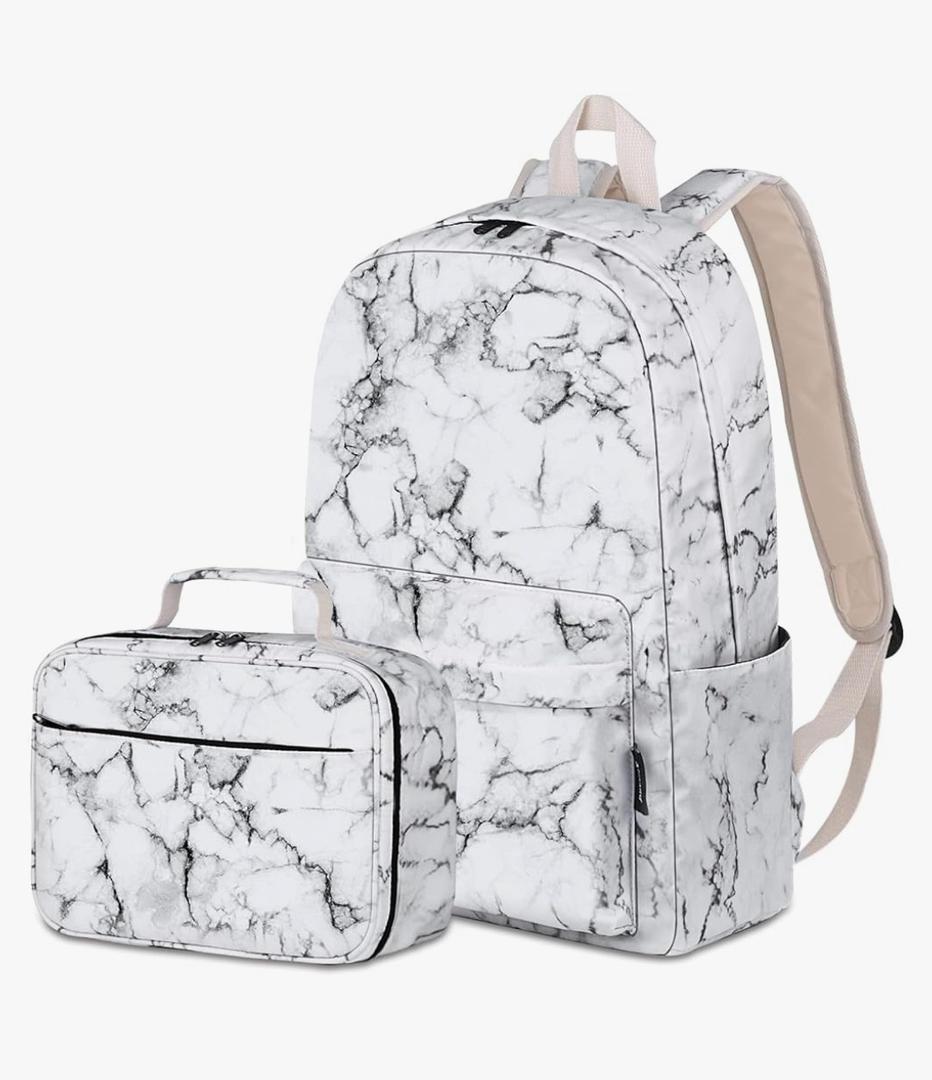 Airyard School Backpack for Girls, Water Resistant Bookbag for Teen Girls Womens Backpack with Lunch Bag (Marble White)