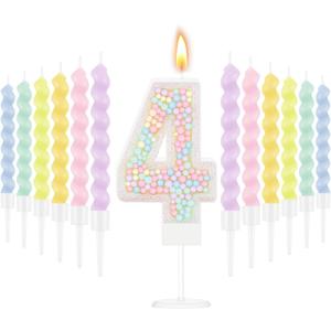 MTLEE Number 4 Birthday Candle with 12 Pcs Spiral Candles for Girls Macaron Pastel Rainbow Unicorn Pink Cake Topper for Sweet Theme Party Decoration (White)